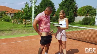 Babe in tennis uniform Tiffany Tatum blows big cock and gets fucked outdoor